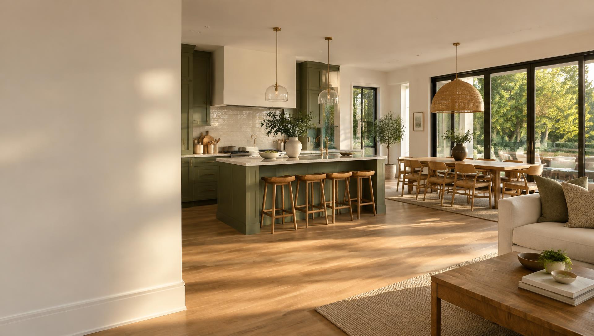 Illustrative modern home interior with wood flooring, tile, and green kitchen cabinetry